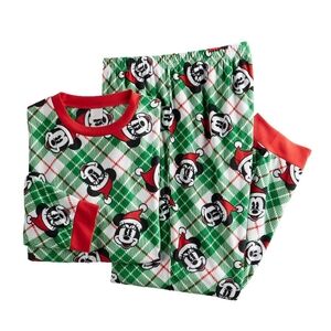 NWT Disney's Mickey and Minnie Mouse Plaid Fleece Chriatmas Holiday Pajama Set